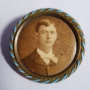 Vintage photo brooch sepia pin photograph blue enamel gold tone pin